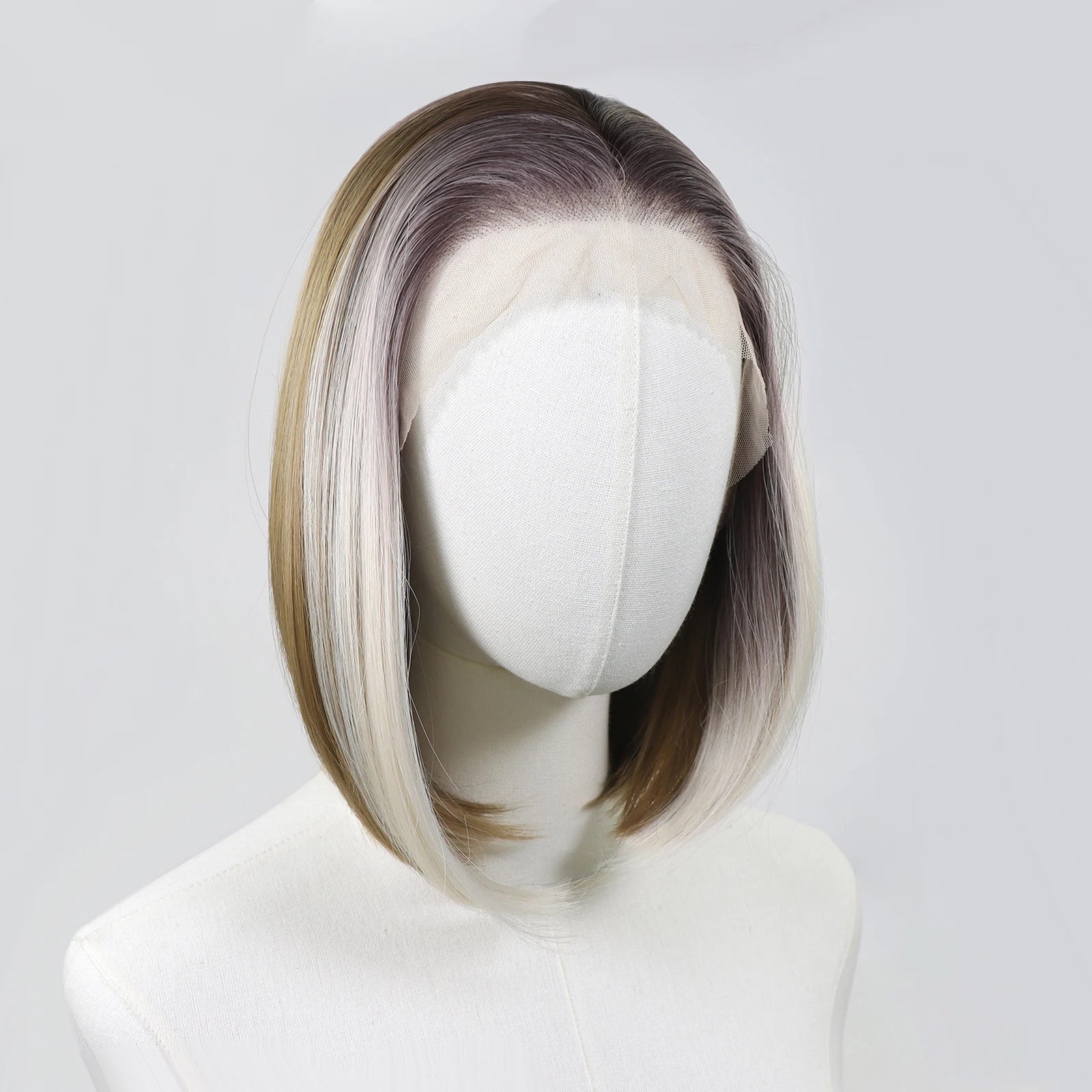 Ombre Blonde Highlight Short Bob Wigs Dark Roots Synthetic 13x4 Lace Front Brown Blonde Wig For Women Daily Use 150Density 12"