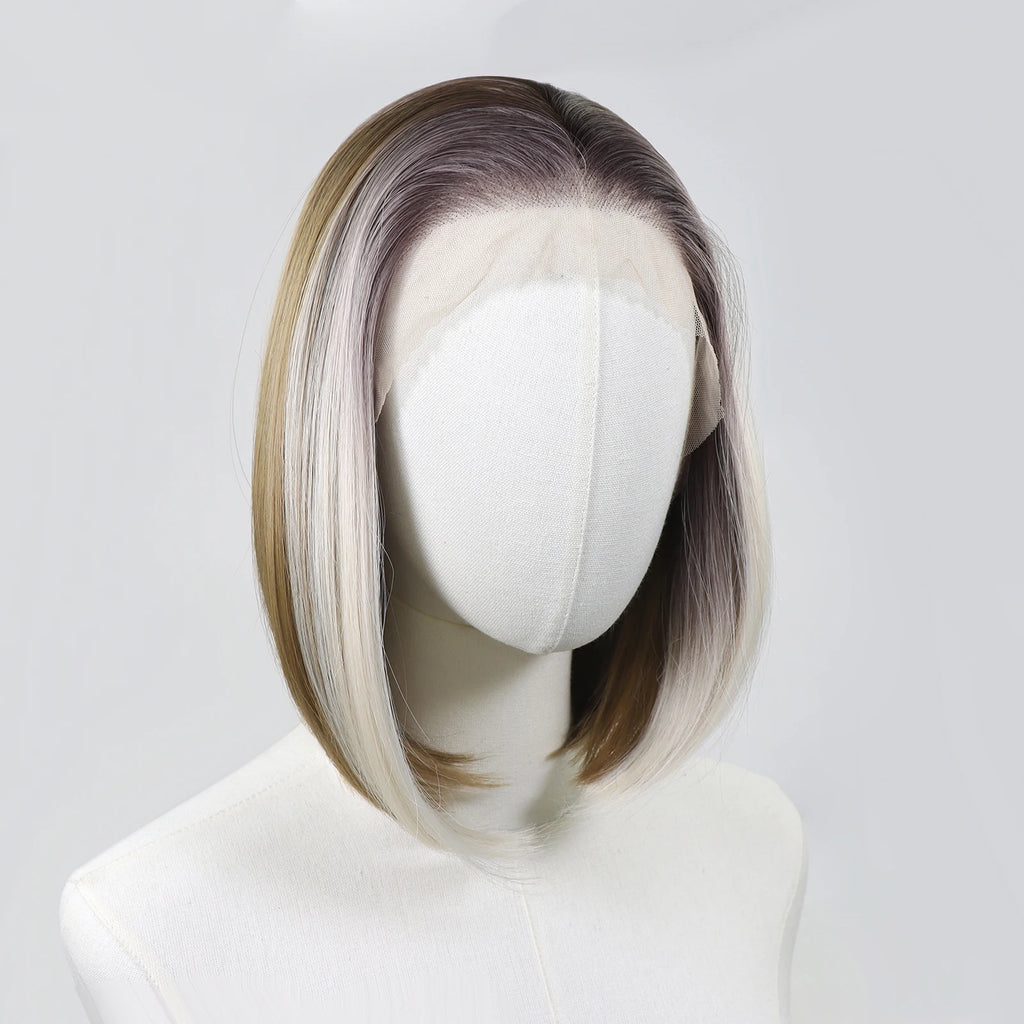 Ombre Blonde Highlight Short Bob Wigs Dark Roots Synthetic 13x4 Lace Front Brown Blonde Wig For Women Daily Use 150Density 12"