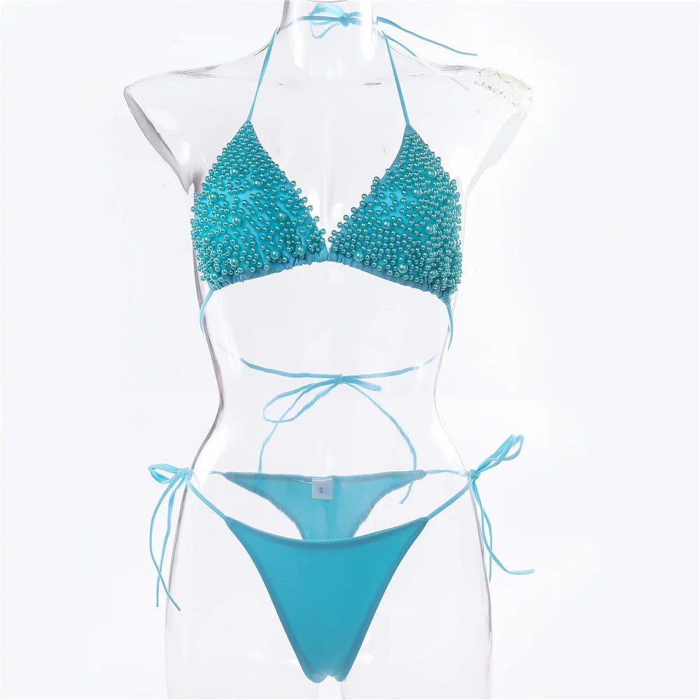 Pearl Bikini String Thong Swimsuit – Y2K Kawaii Two-Piece Swimwear