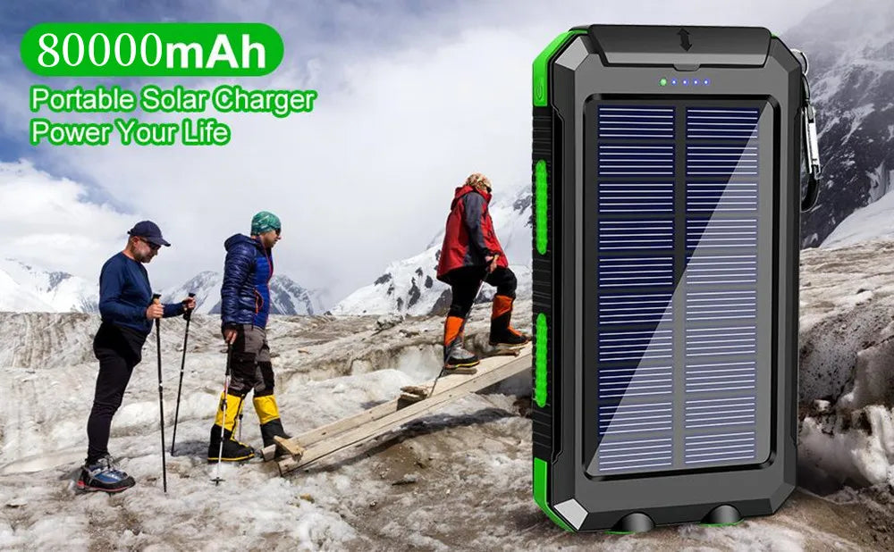 Solar Power Bank – 80000mAh Portable Charger with Strong LED Light for All Smartphones