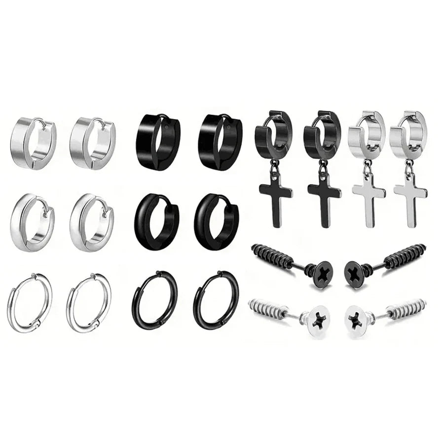 Simple Stainless Steel Zircon Stud Earrings For Men, Cross Pendant Hoop Earrings For Daily Wear