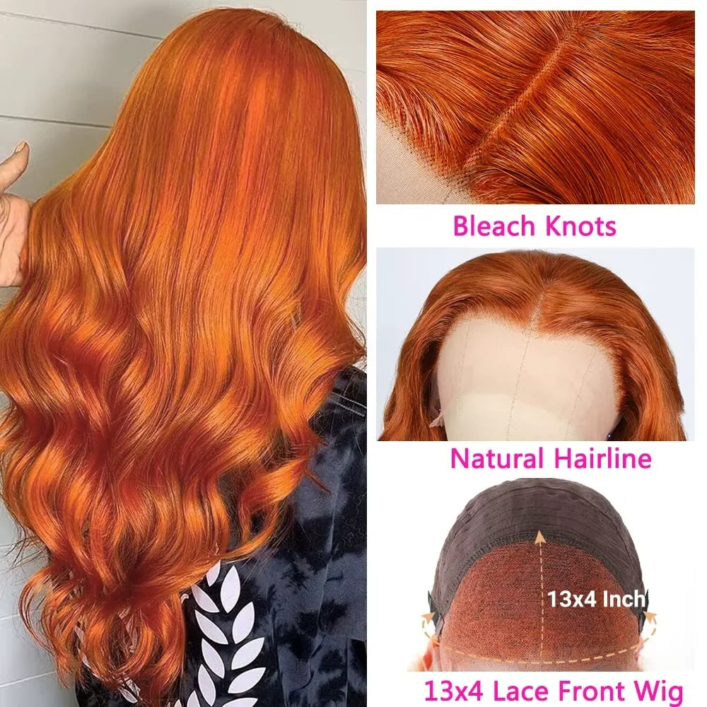 250% Density  Ginger Orange Body Wave 13x6 HD Lace Front Wig Human Hair For Women #350 Colored Pre Plucked Natural Hairline