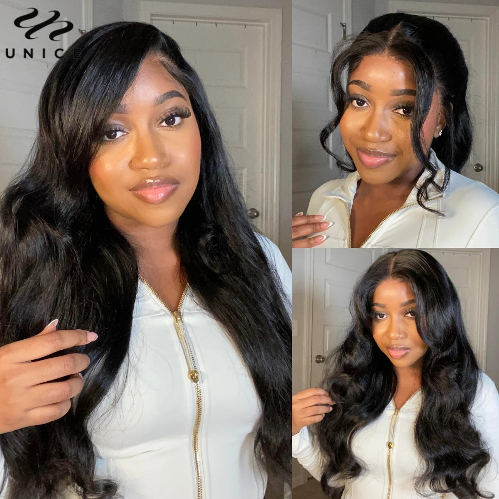 UNice Hair Upgrade Drawstring 13x4 Body Wave Human Hair Lace Frontal Wig Pre Cut Pre Bleached Pre Plucked Lace Wigs 150% Density