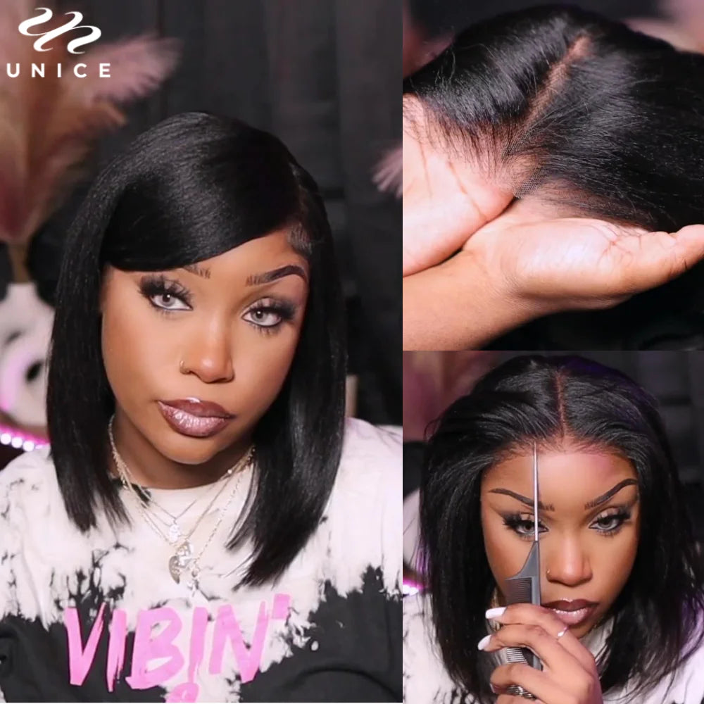 UNice Hair 7x5 & 13x4 Light Yaki Straight Bob Wig With Drawstring 100% Human Hair Short Bob Wigs 150% Density