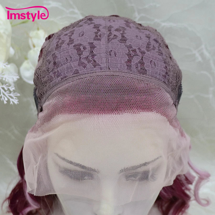 Imstyle Pink Wig Short Synthetic Lace Front Wig Deep Wave Highlight Heat Resistant Fiber Cosplay Wigs For Women 14 inch