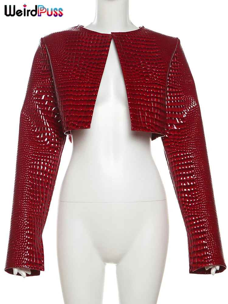 Faux Leather Snake Print Crop Jacket – Women's Streetwear Outwear Coat