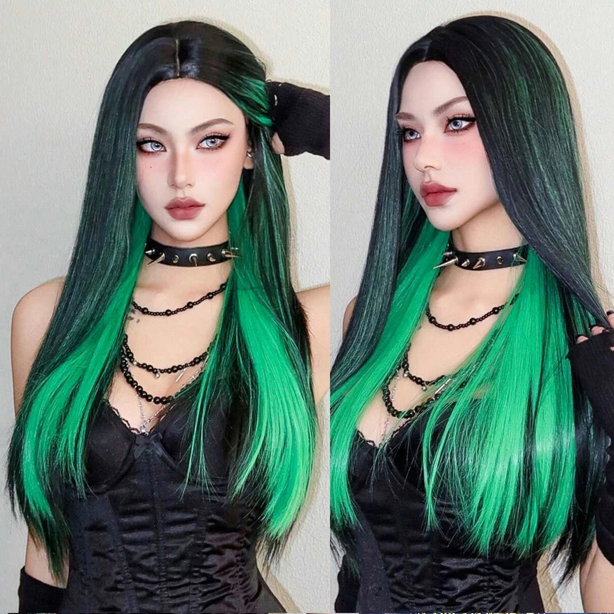 EASIHAIR Black With Green Cosplay Synthetic Wigs for Women Long Straight Middle Part Wig Natural Hair Party Daily Heat Resistant