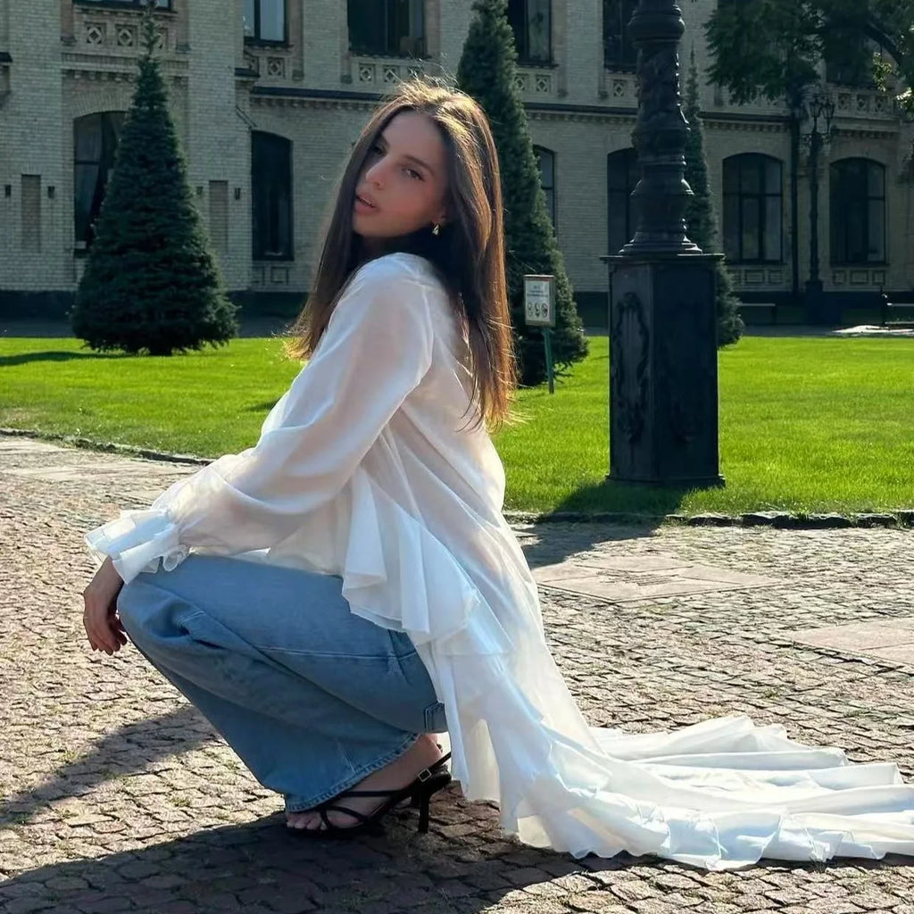 Women's Clothing 2025 Spring And Summer New Sweet And Fresh V-neck Long Sleeved Irregular Hem Shirt Women's Top