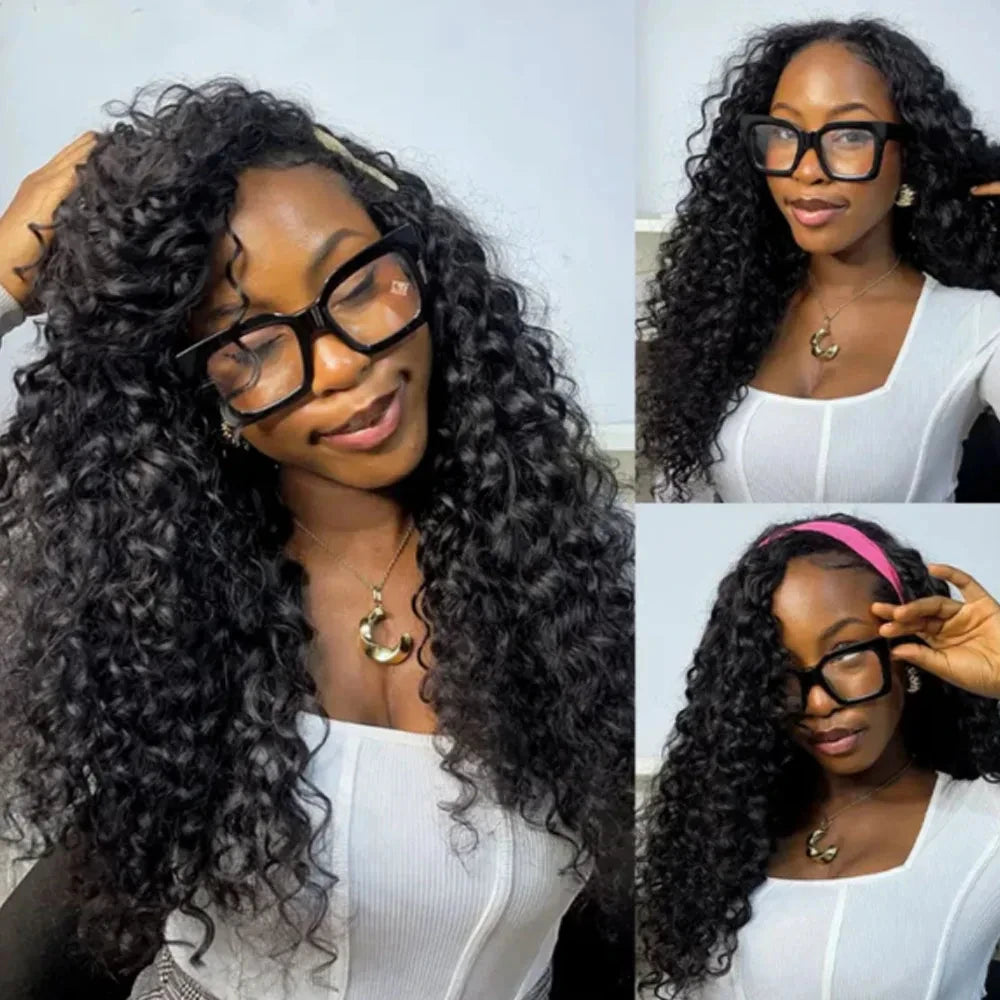 250% Density Deep Curly Half Wigs Human Hair Water Wave Wig Upgrade 3 IN 1 Half Wig With Drawstring Seamless Clip Ins Flip Over