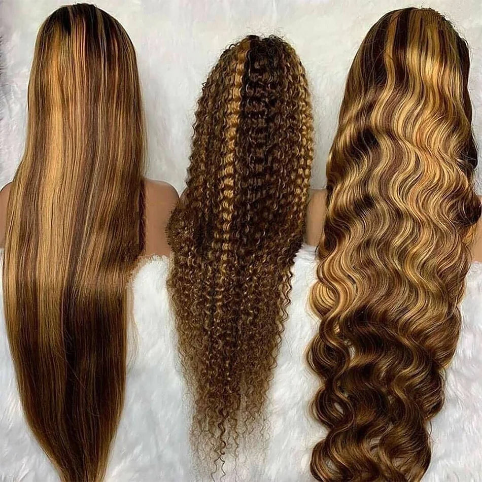 Highlight Colored Straight Lace Front Human Hair Wigs Honey Blonde 13X4 13x6 HD Transparent Lace Frontal Wigs For Black Women