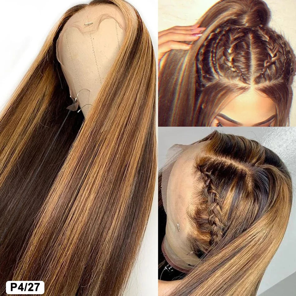Highlight Colored Straight Lace Front Human Hair Wigs Honey Blonde 13X4 13x6 HD Transparent Lace Frontal Wigs For Black Women