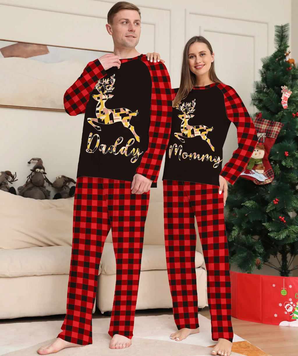 2025 Festive Christmas Reindeer Family Pajamas, Plaid Matching Sleepwear Set, Long Sleeve Outfit for Christmas Family Pajamas