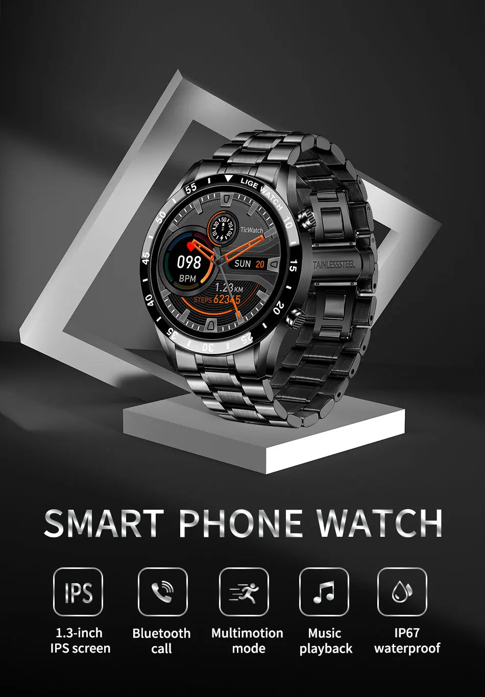 LIGE Men's Bluetooth Smartwatch – Full Touch Steel Sports Watch, IP67 Waterproof