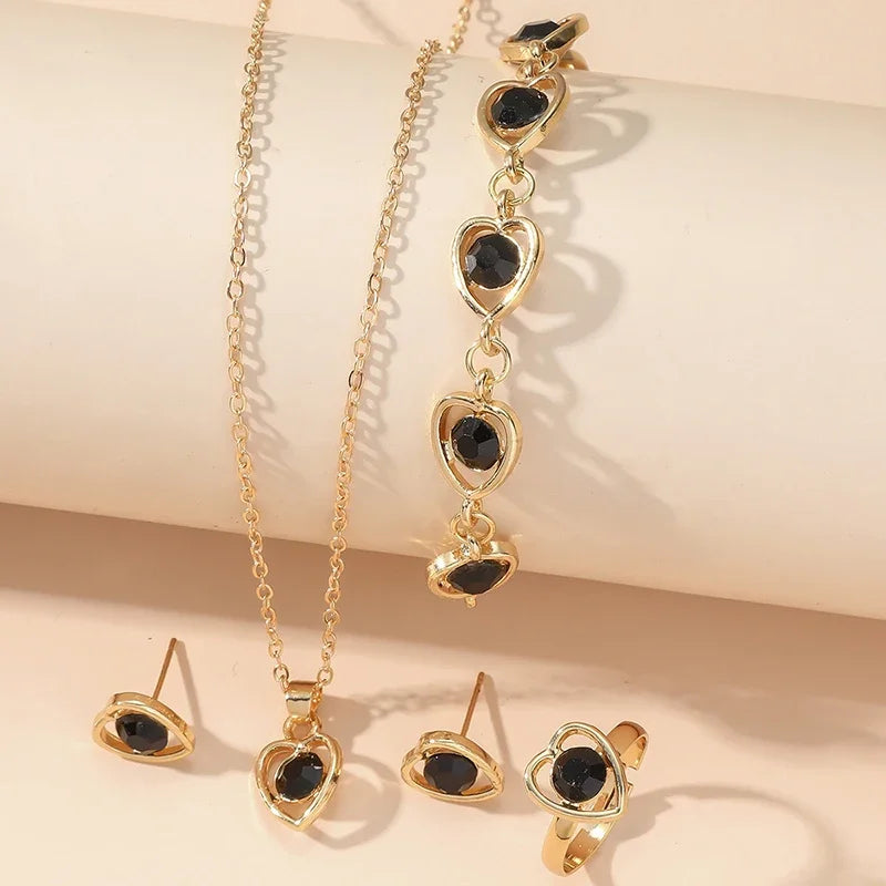 Gold Heart Shaped Jewelry Set – 5-Piece Rhinestone Double Heart Ring, Earrings & Necklace for Women