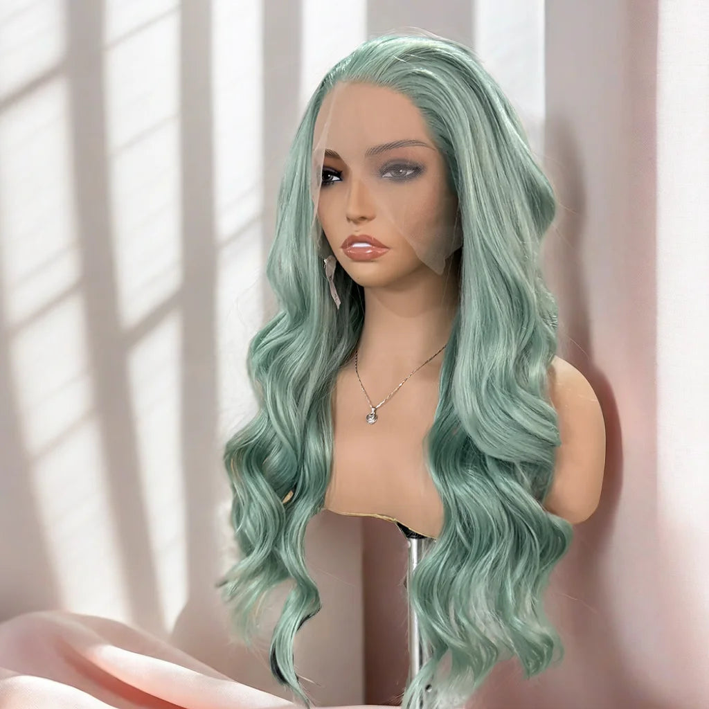 Ash Green Wig Body Wave Wig Synthetic Lace Front Wig Lace Wigs For Women Green Lace Wig Ready To Wear Front Lace Wig Cosplay