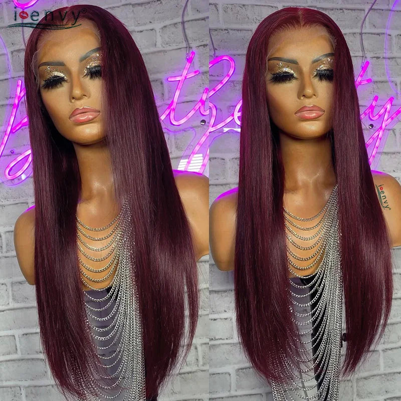 Ginger Blonde Lace Front Wigs Wear & Go 28inch Peruvian 13*1 Part Lace Front Human Hair Wig Remy 180% Colored Lace Wig Burgundy