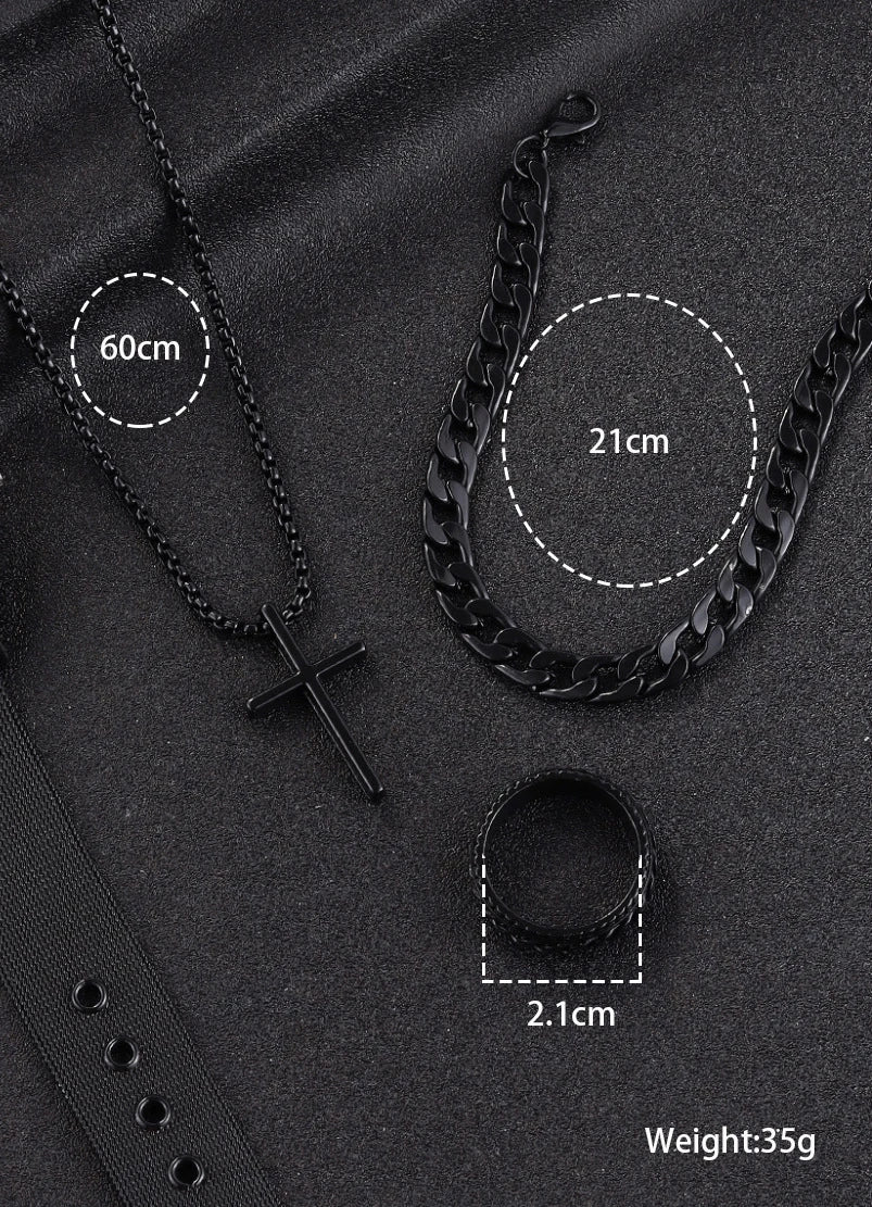 Hip Hop Fashion Cross Pendant Necklace Bracelet Chain Ring Men's Set Simple Personality Party Three Piece Jewelry Accessories