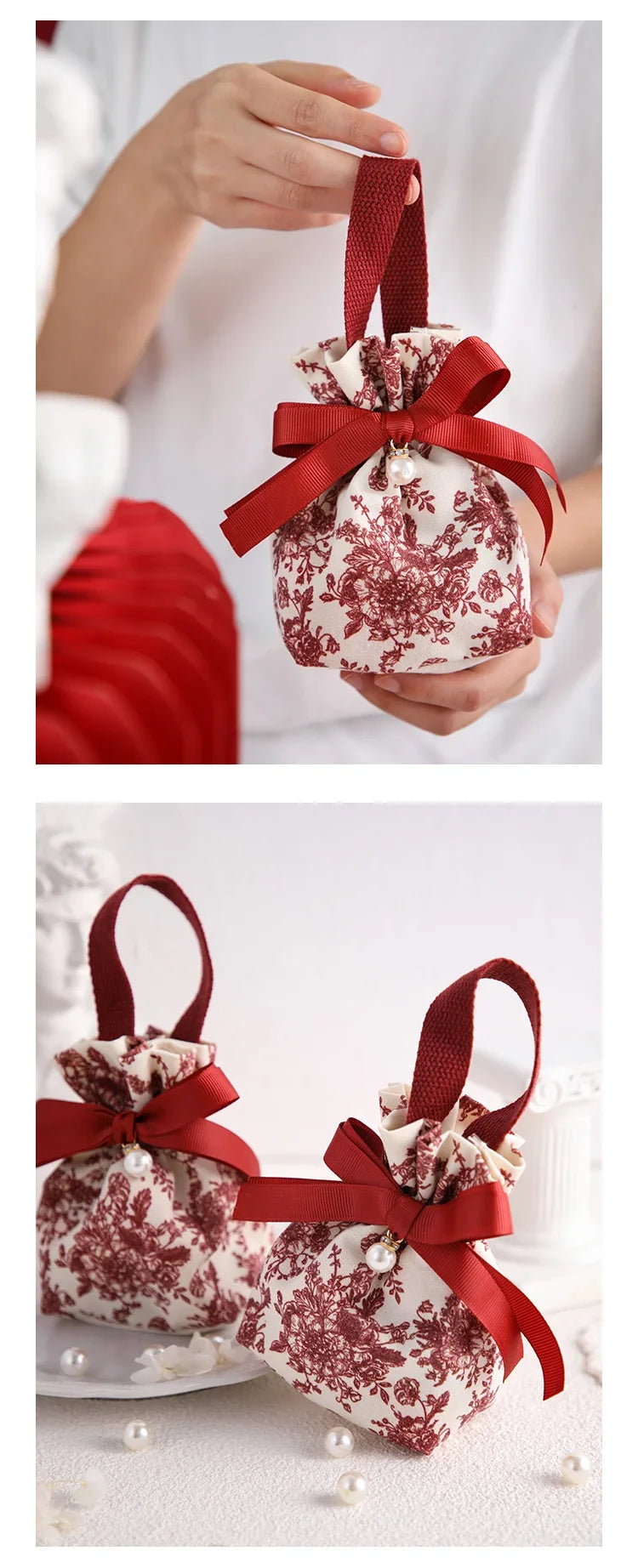5/10pcs Portable Drawstring Handheld Canvas Candy Bags with Floral Pattern & Ribbon Bow Soft Reusable Wedding Gift Packing Bags