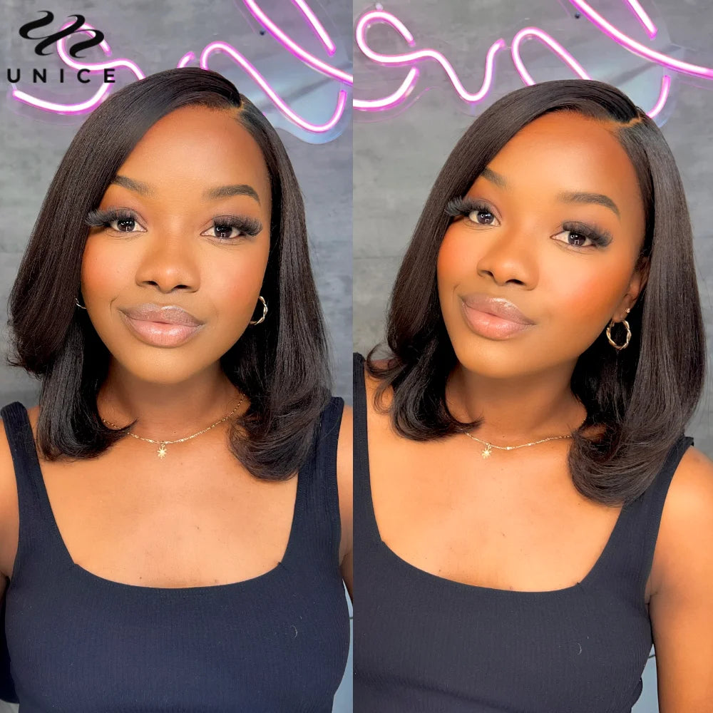 UNice Hair 7x5 & 13x4 Light Yaki Straight Bob Wig With Drawstring 100% Human Hair Short Bob Wigs 150% Density