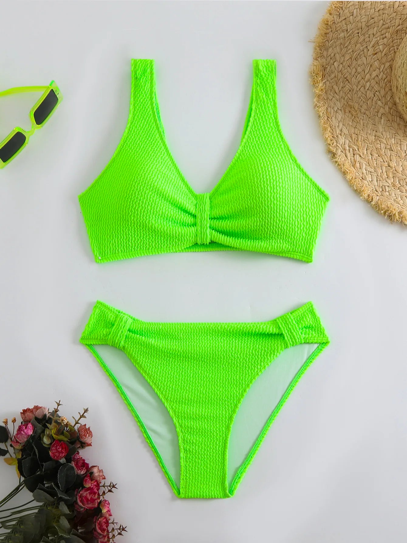 2026 Summer New Women's 2 Piece Swimsuit Solid Color High Waist Bikini Set V-neck Backless Beach Vacation Bathing Suit Swimwear