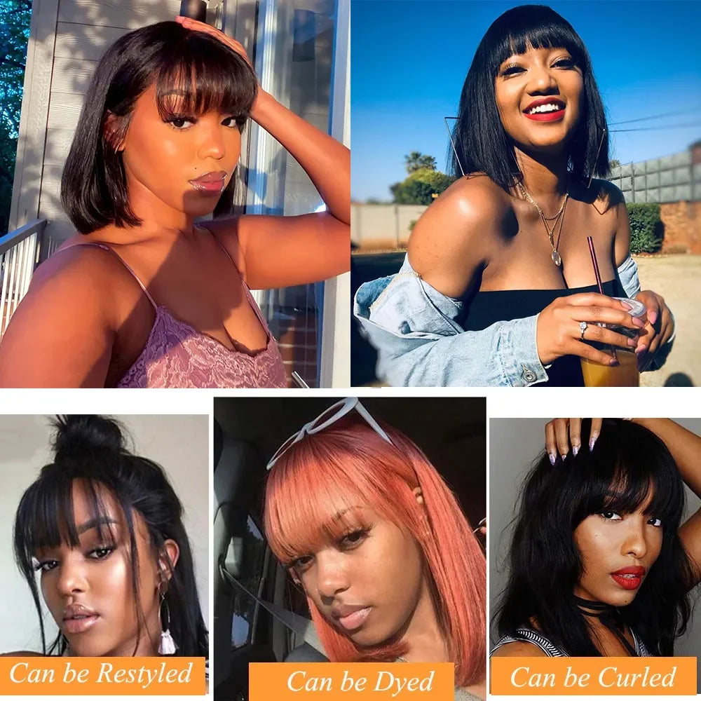 12A Malaysia Short Bob Wig With Bang Straight Bob Wig 100% Human Hair Wig Virgin Full Machine Made Wig For Women Cheap Bob Wigs