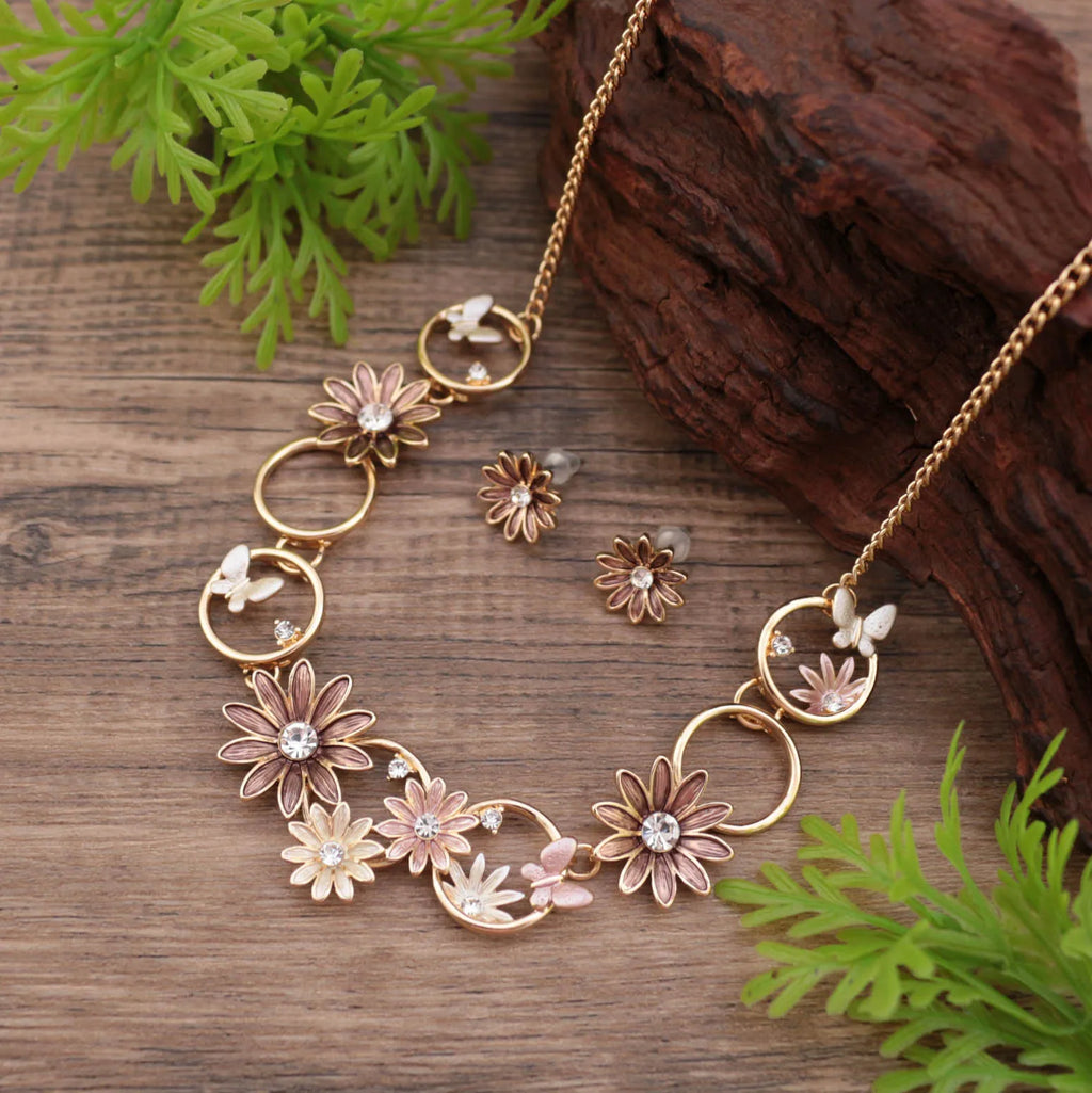 Enamel Daisy Stud Earrings & Necklace Set – Diamond Flower High-End Women's Jewelry