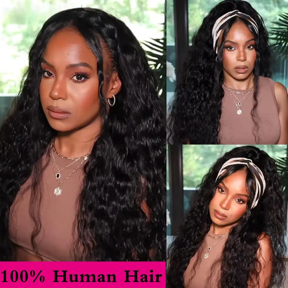 Water Wave 3 IN 1 Half Wig Human Hair Glueless Wig Human Hair Ready to Wear 36Inch Half Wig Drawstring Glueless Wig Human Hair