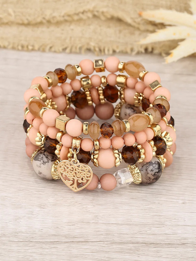 New Acrylic Beads Chain Bracelet Set For Women Tree Of Life Charm Elastic Bangle Female Bohemian Jewelry Accessories