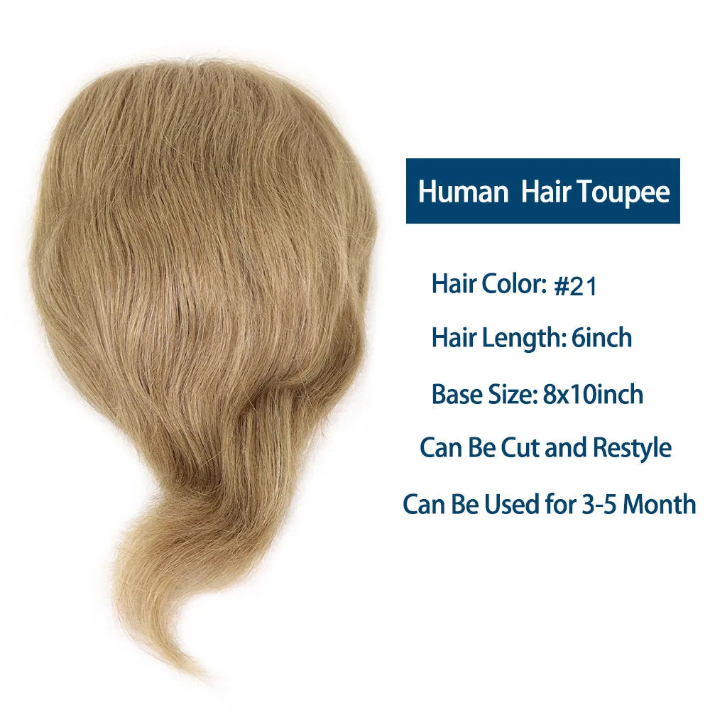 Human Hair Prosthesis for Men Toupee Breathable Lace Front with PU Mens Wig Replacement System Blonde Hairpiece 8x10inch