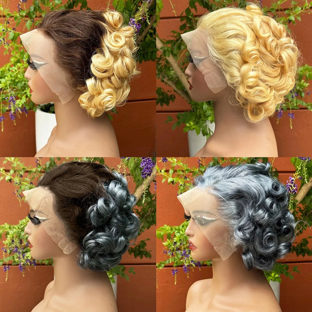 13x4 Transparent Lace Frontal Wig 250% Density Short Bob Loose Wave Human Hair Wigs Bouncy Curly Hair Wigs for Black Women