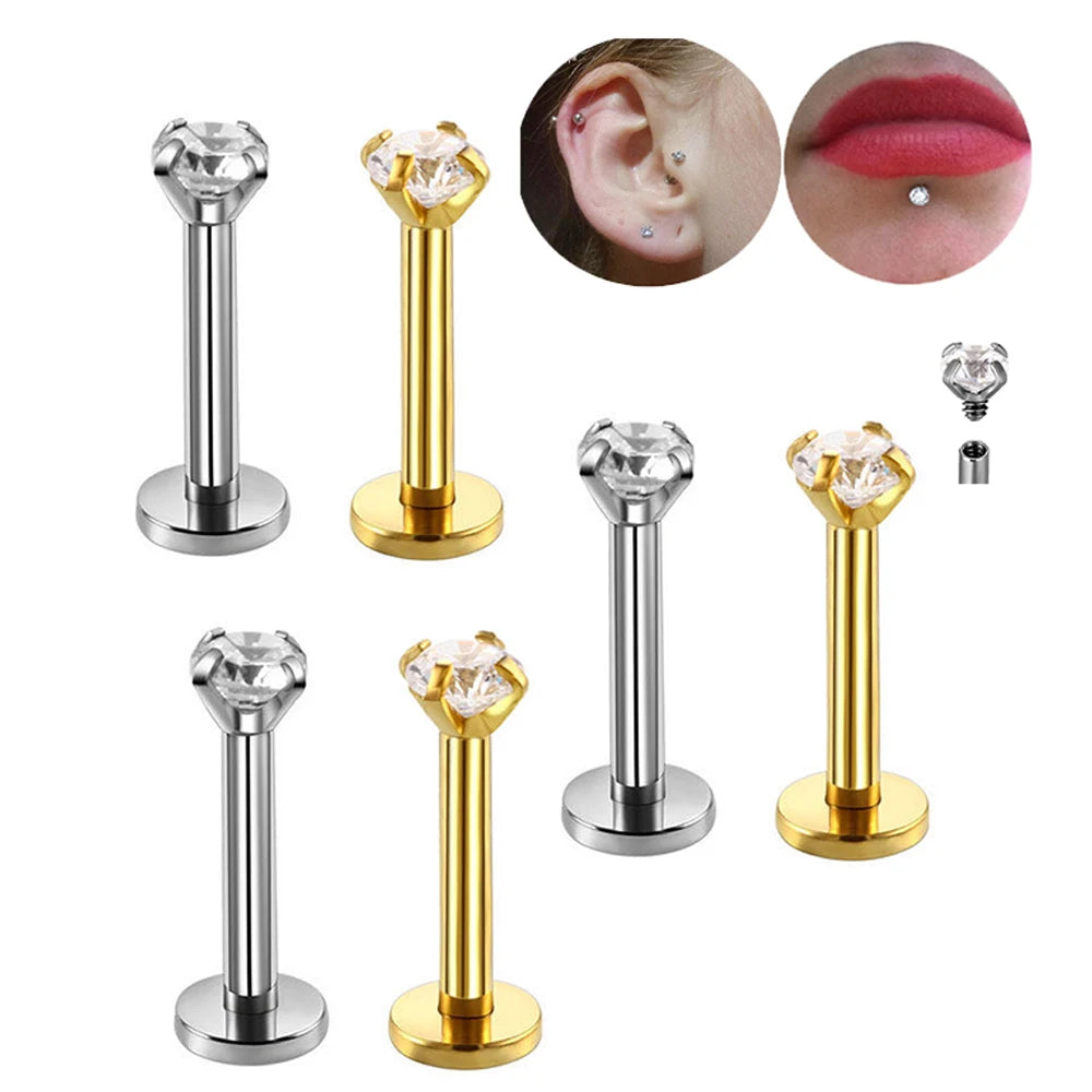 10Pc/50Pc G23 Ttianium Labret Ear Lip Stud Jewelry Square CZ Stone Cartilage Tragus Earring Tongue studs Threaded Body Jewelry