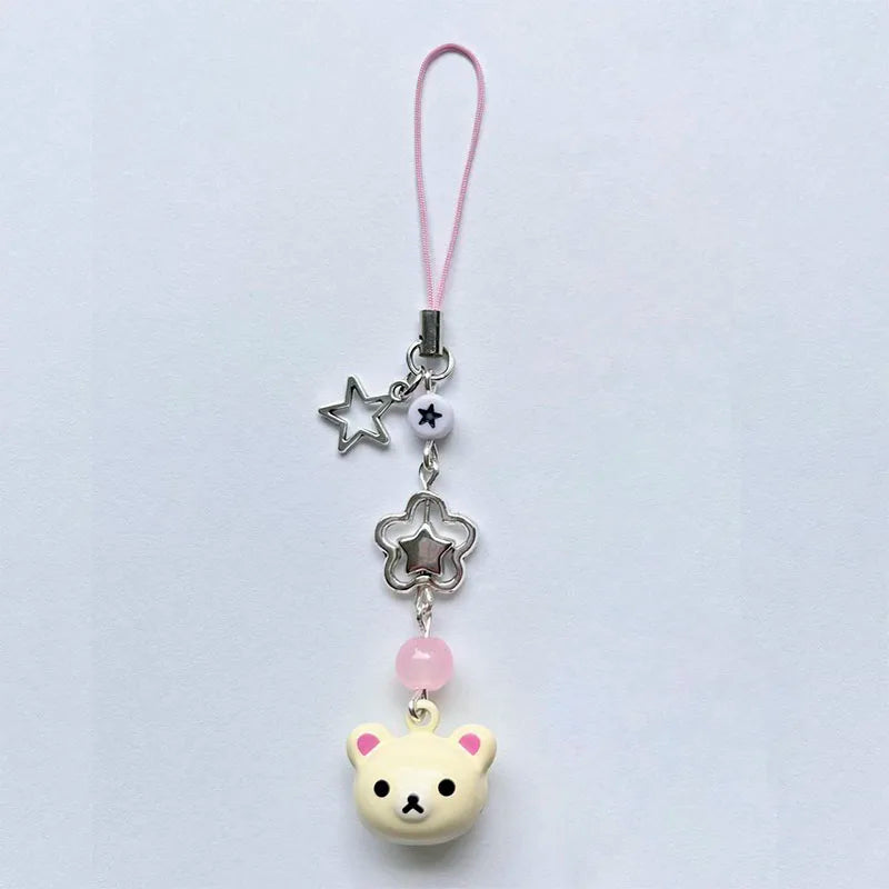 Lazy Brown Bear Bell Hanging Keychain Phone Strap Lanyard Chain Kawaii Cute Star Beaded Pendant Y2K Cardbook Ornament Ins Korea