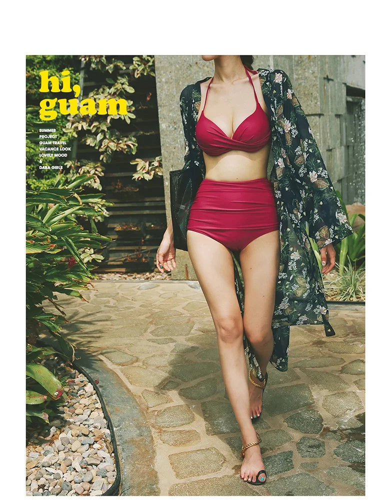 2024 Women's Swimwear Female Swimsuit Red Padded Triangle Bathing Suits Girls Korean High Waisted Bikini Set Beach Wear Swim