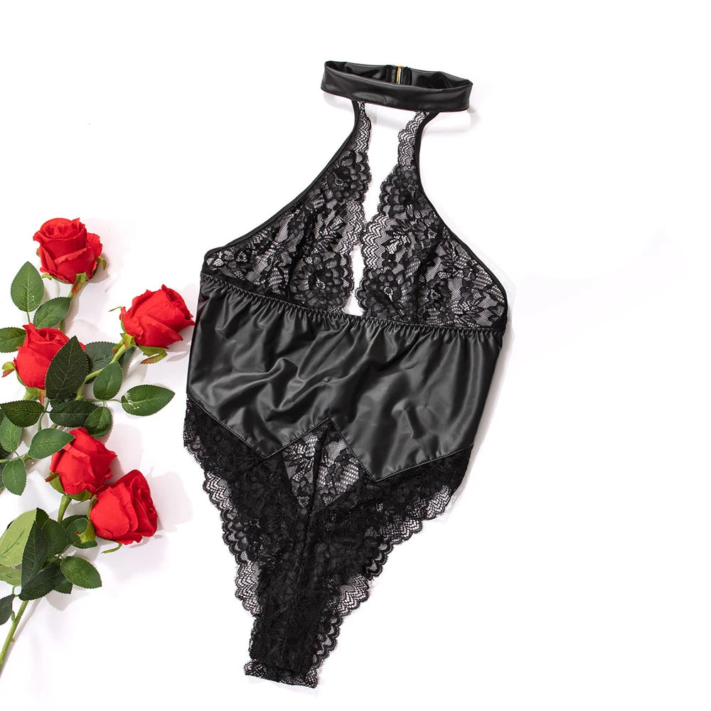 S-XXL Halter Backless Lace Transparent Swimsuit Tight Faux PU Leather High Cut Thong Bodysuit Sexy Clubwear Body Teddies Leotard