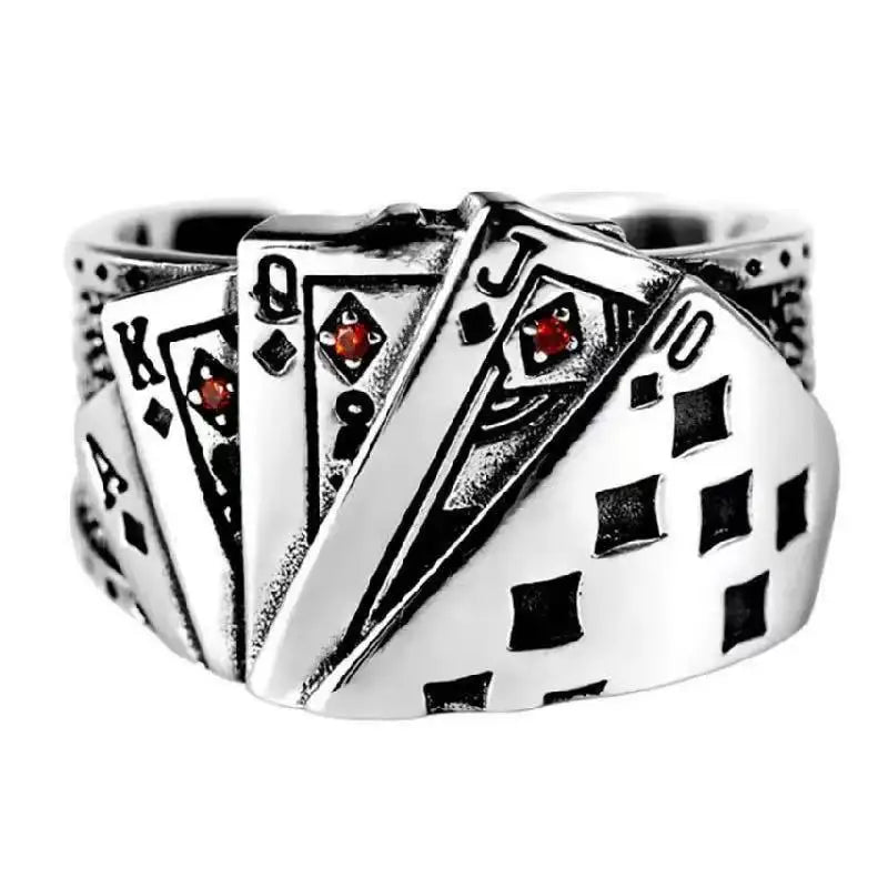 1PCS Aimple And Fashionable Retro Adjustable Poker Card Men's And Women's Antique Silver Ring, Suitable For Daily Party Wear