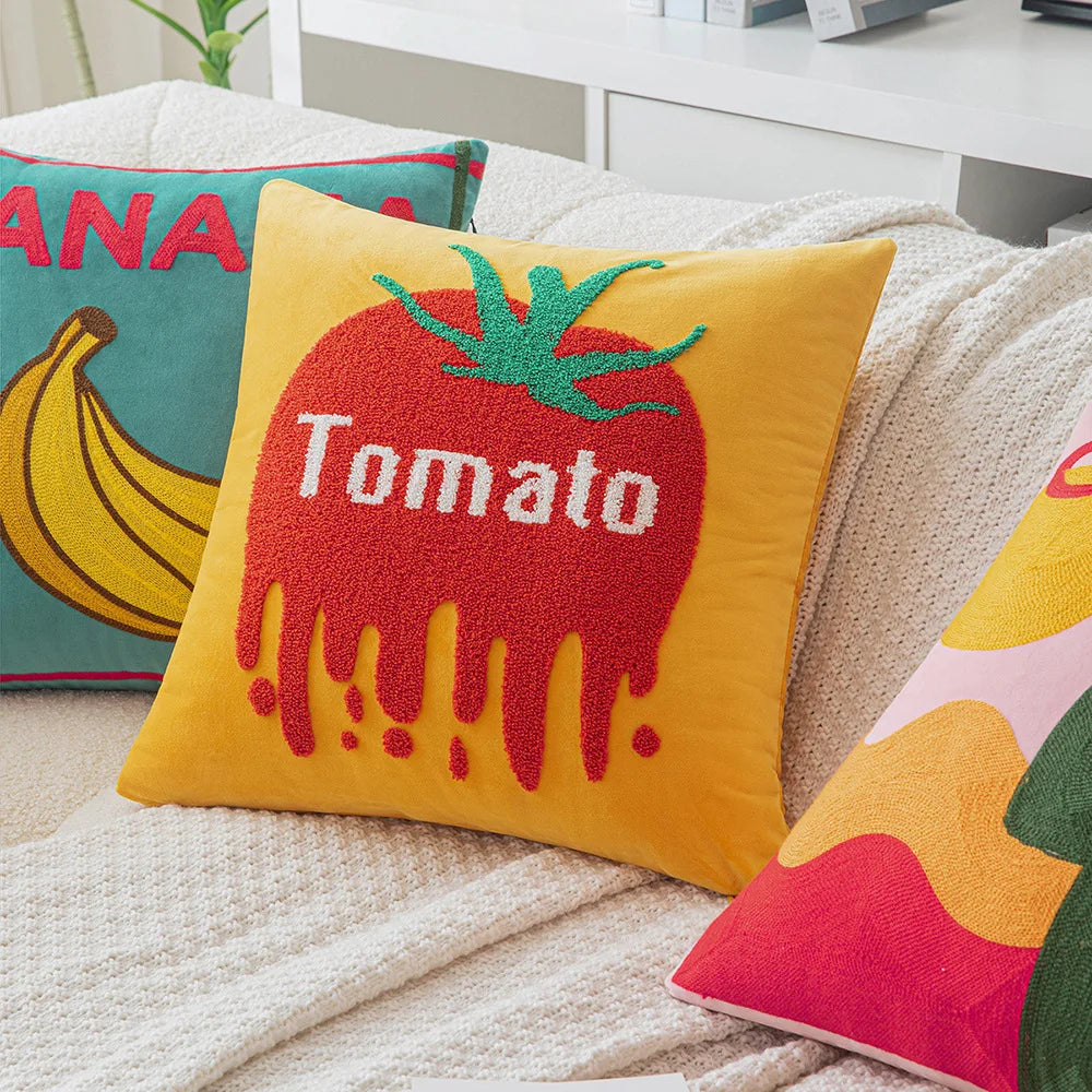 Ins Letter Fruit Embroidered Cushion Cover | 45×45cm Nordic Velvet Pillowcase | Handmade Home Decor