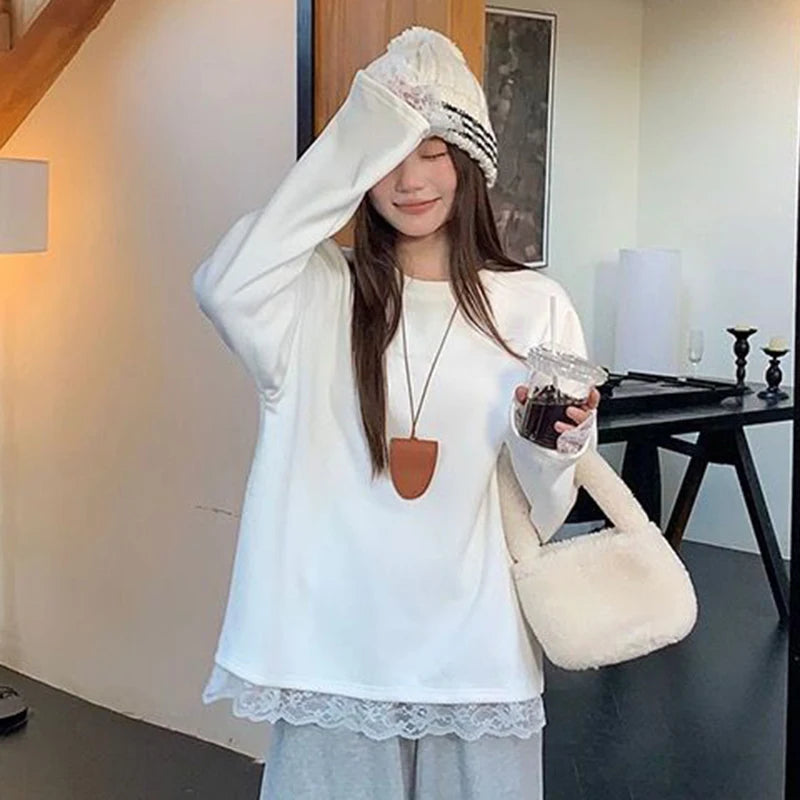 Chic Lace Patchwork Long Sleeve T Shirt Women Loose Warm White O Neck Tops Korean Fashion Office Ladies Casual V Neck Tees New