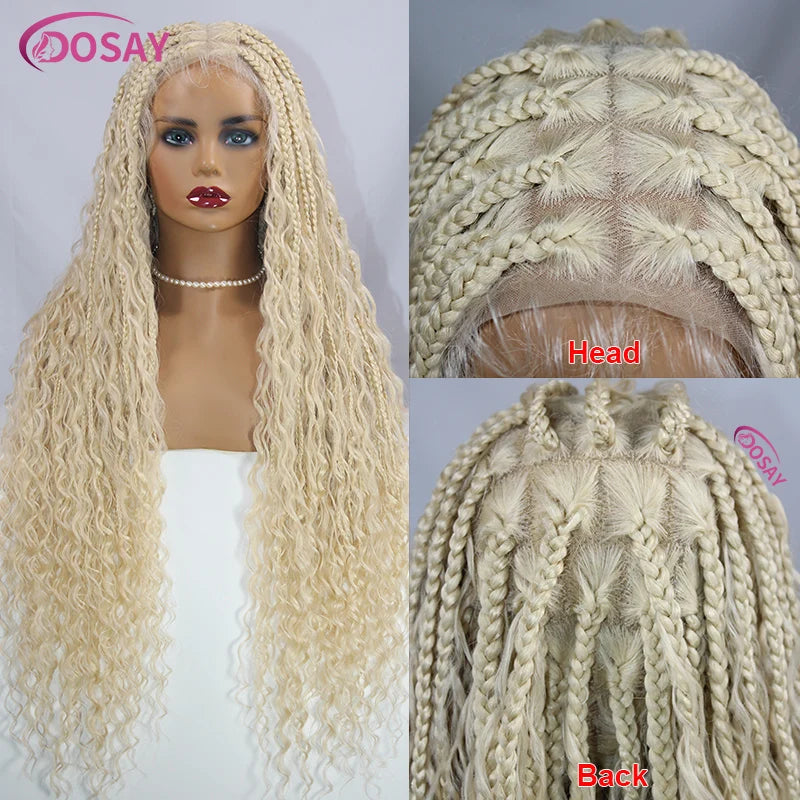 Blonde 613 Full Lace Front Synthetic Braided Wigs Boho Box Braids Wig 32'' Square Knotless Braided Wig With Curly Ends For Woman