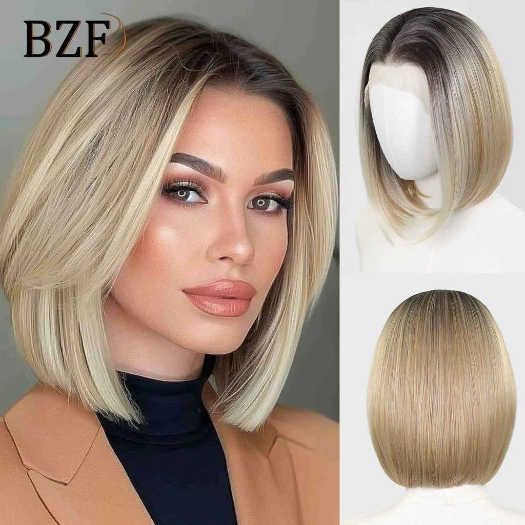 Ombre Blonde Highlight Short Bob Wigs Dark Roots Synthetic 13x4 Lace Front Brown Blonde Wig For Women Daily Use 150Density 12"