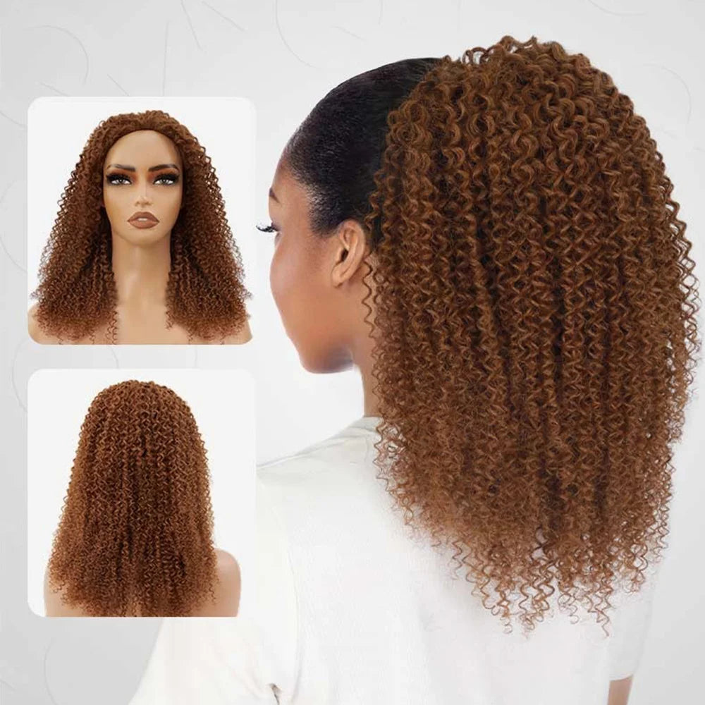 Auburn Brown Color 3 IN 1 Kinky Curly Half Wig Human Hair Clip-in Upgrade Glueless Wig Machine Made Invisible Hairline