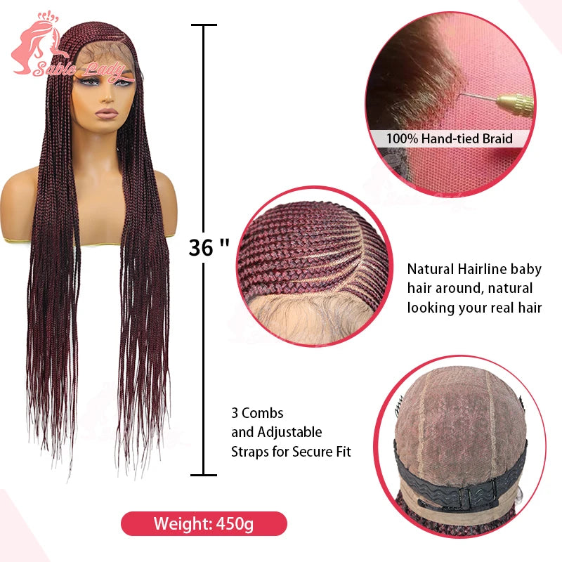 36" Full Lace Cornrow Braided Wigs Synthetic Burgundy Red Knotless Box Braids Wig Godness Side Part Braided Wigs for Black Women