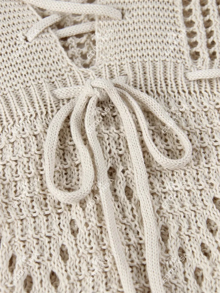 Sexy Deep V-neck Lace-up Bell Sleeve Knit Mesh Hollow Out Beach Mini Dress 2026 Summer Swimsuit Cover Up Women Casual Tunic K14