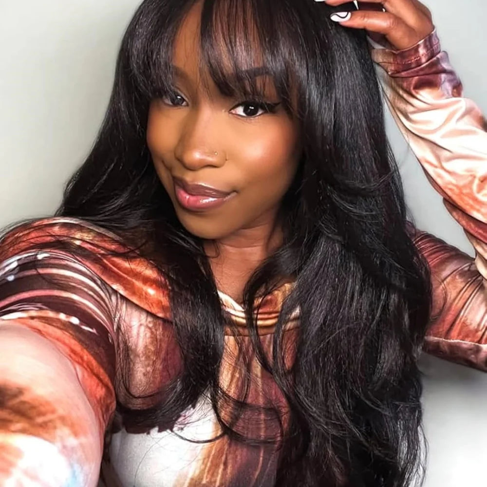 Body Wave Wigs with Bangs 3x1 Middle Part Lace Wig Human Hair Pre Plucked Body Wave Real Human Wigs with Bangs for Women 34 Inch