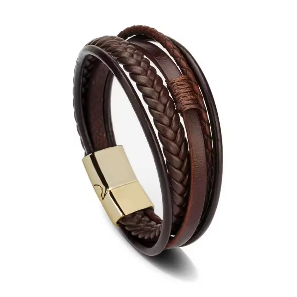 IFYOUOO Bracelet 21CM Multilayer Braided Rope Bracelets for Male Trendy Leather Bracelets For Men Stainless Steel Jewelry Gifts