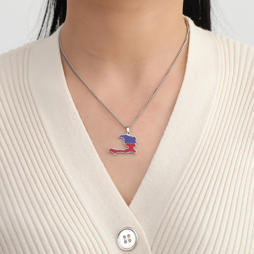 Haiti Flag Map Pendant Necklace – Stainless Steel Haitian Pride Jewelry for Men & Women