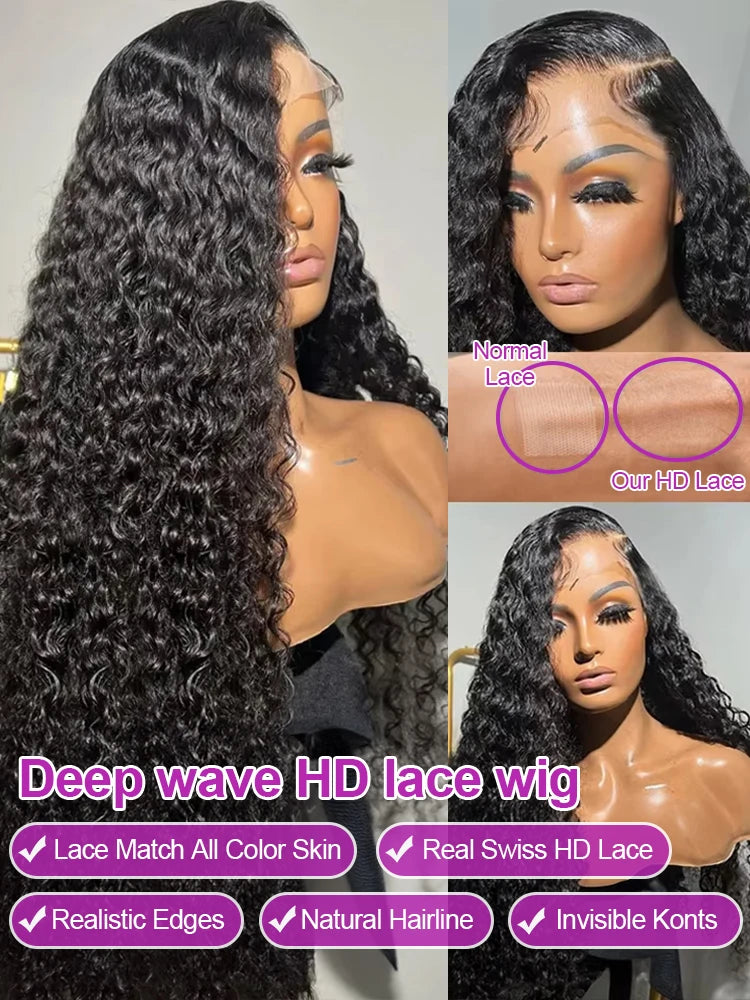 46 inch Hd Lace 13x4 13x6 Curly Deep Wave Frontal Wig Brazilian Curly Human Hair Wig Loose Water Wave Wig For Women 300 Density