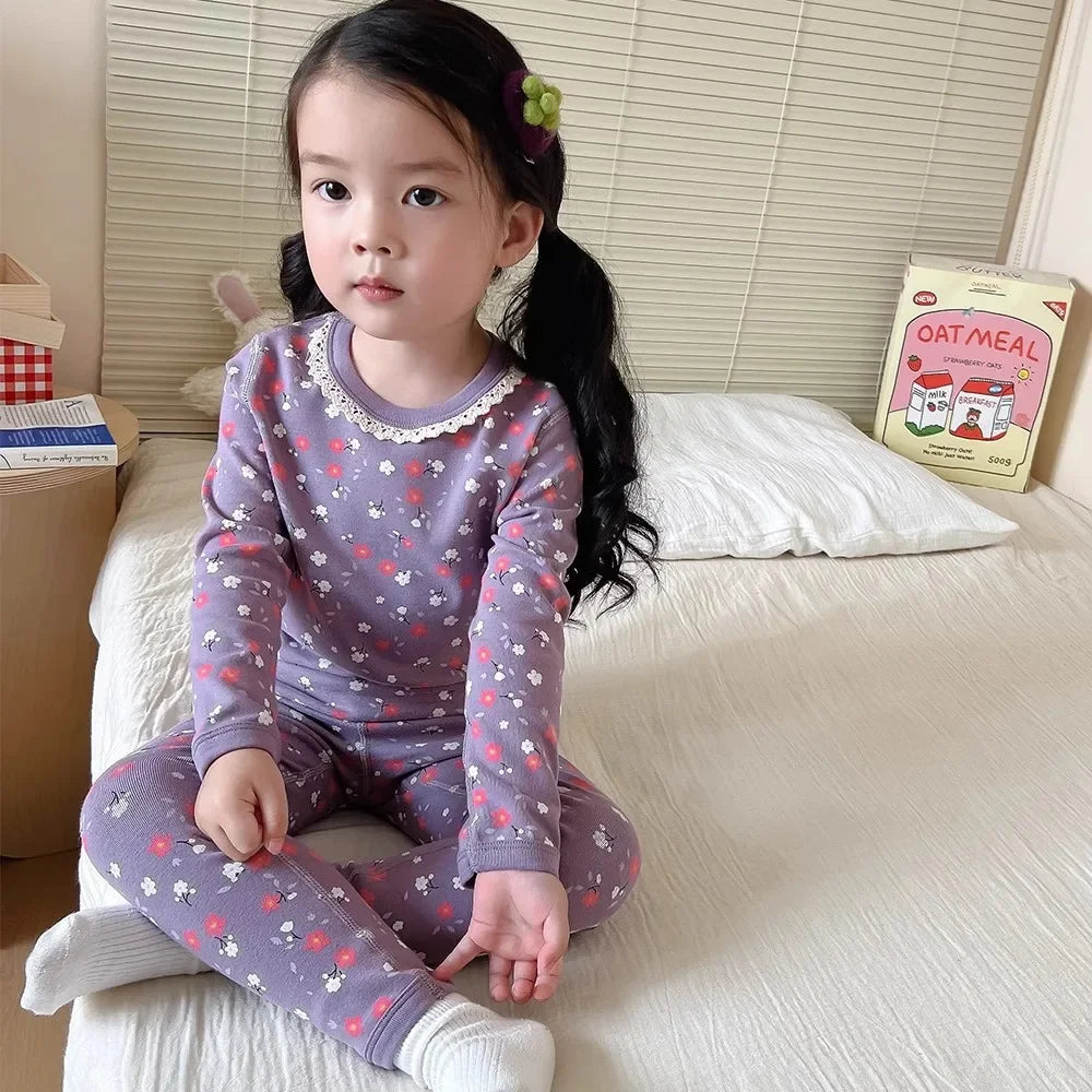 Girls' Floral Pajama Set – Soft Warm 2-Piece Spring & Autumn Baby Sleepwear