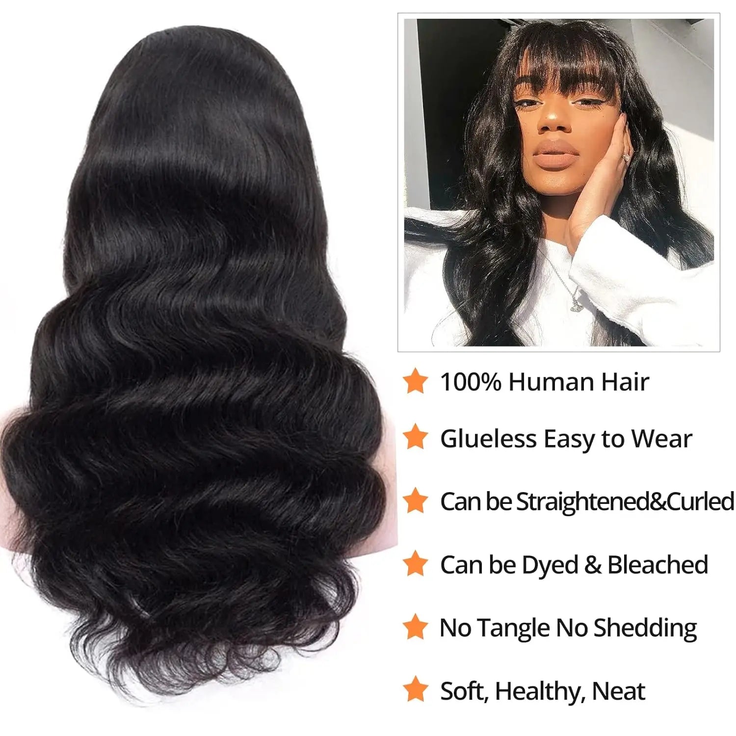 Human Hair Wigs with Bangs 36 Inches Full Machine Made Hair Glueless Wig With Drawstring Body Wave Glueless Wig Human Hair