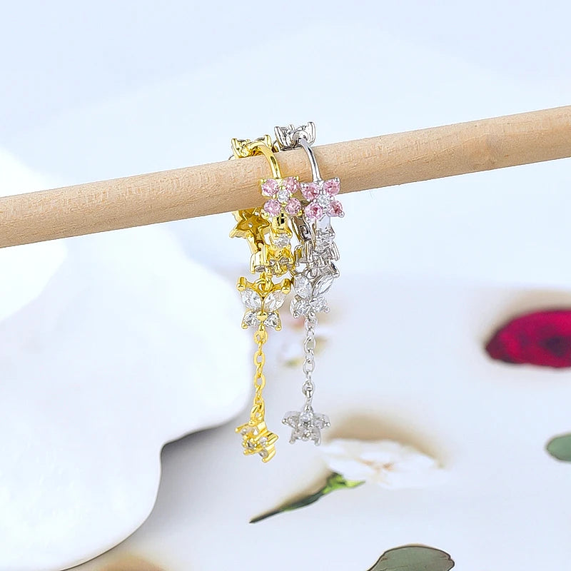 WOMEN 925 Silver Needle Water Drop Geometric Zircon White Zircon Crystal Flowers Pendant Hoop Earrings Fashion Wedding Jewelry
