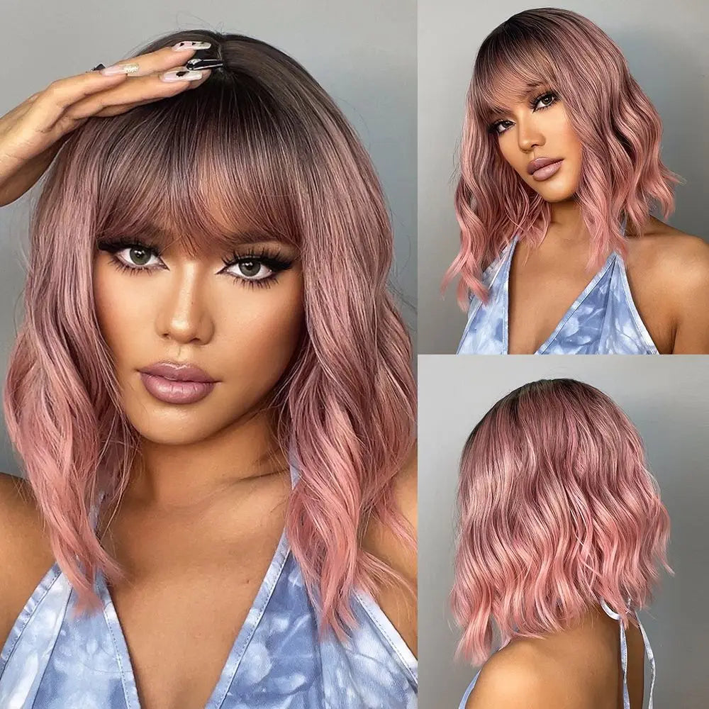 Sky Blue Short Bob Wigs for Women Synthetic Wavy Curly Wigs with Bangs Cosplay Halloween Blue Wig Natural Heat Resistant Hair